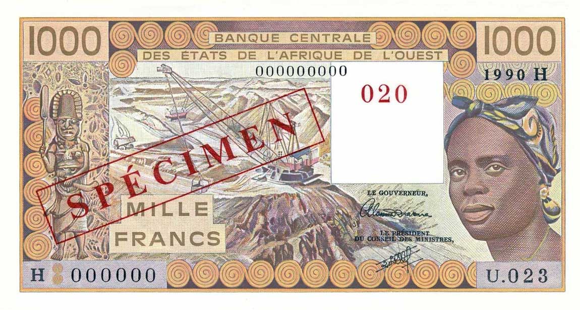 Front of West African States p607Hs: 1000 Francs from 1988