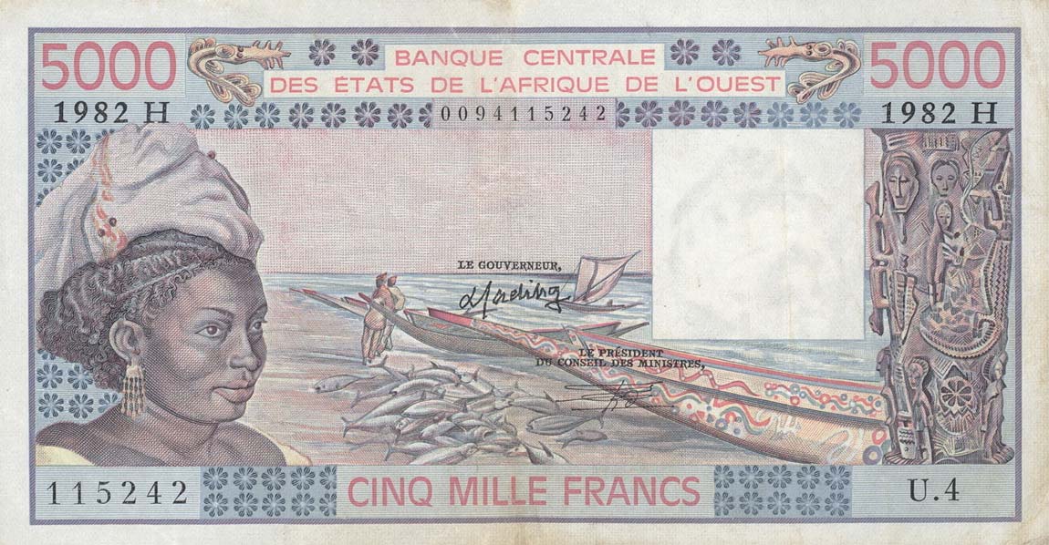 Front of West African States p608Hg: 5000 Francs from 1982