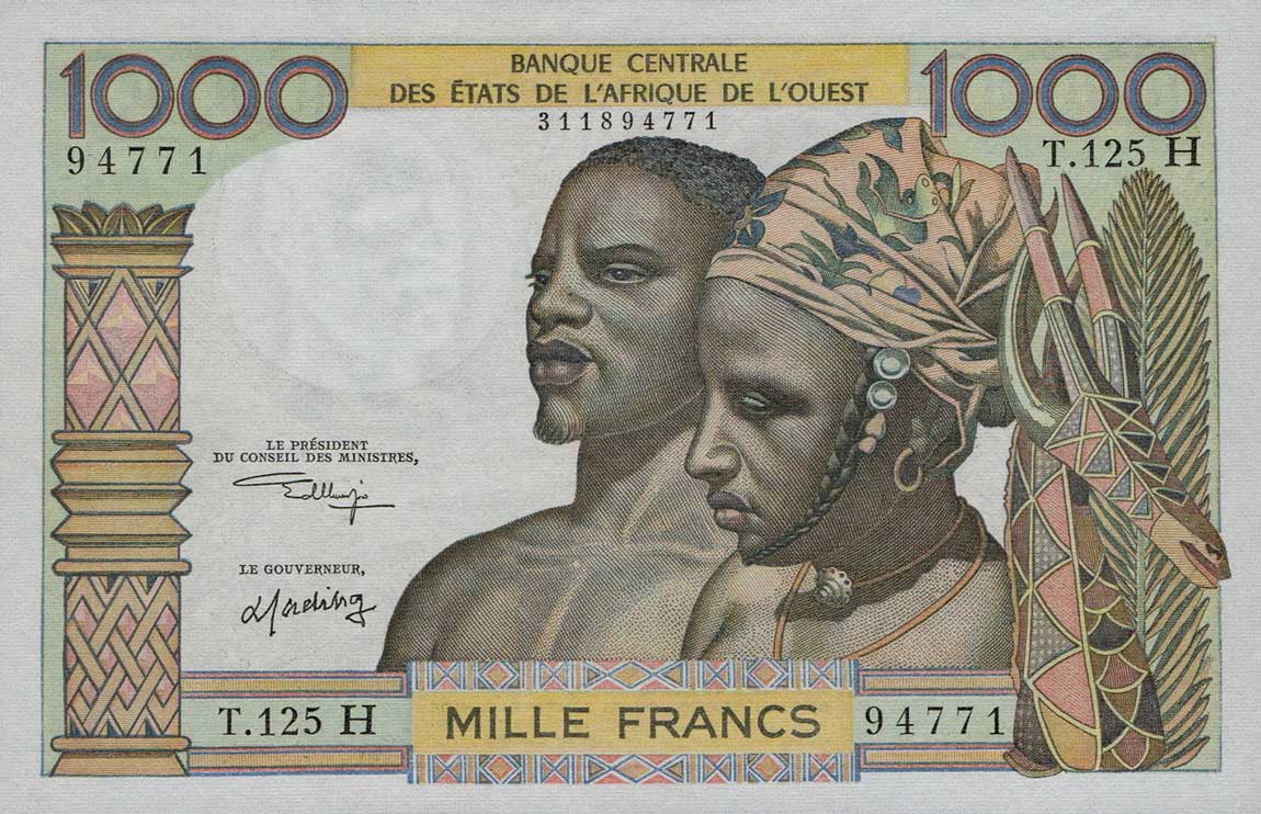 Front of West African States p608Hl: 5000 Francs from 1987