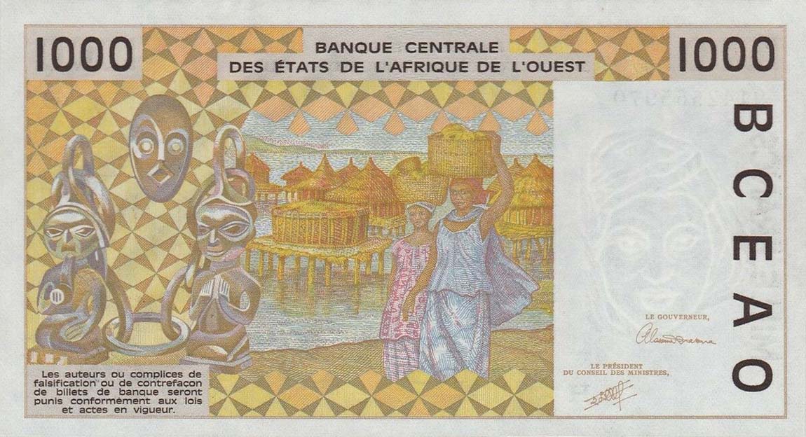 Back of West African States p611Ha: 1000 Francs from 1991