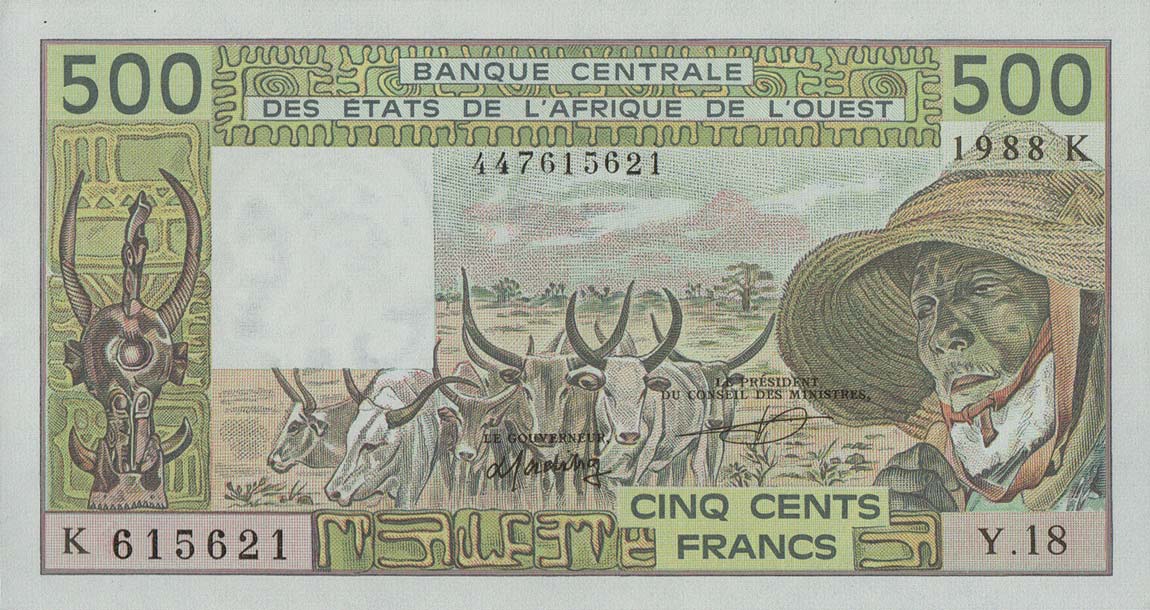 Front of West African States p706Ka: 500 Francs from 1988