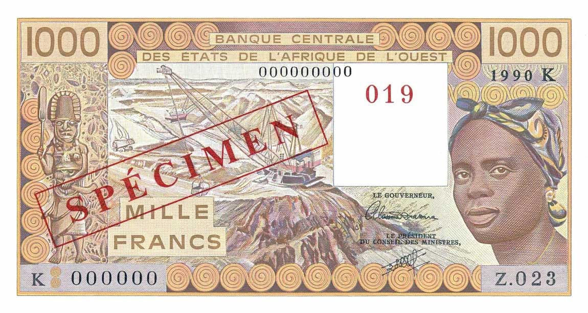 Front of West African States p707Ks: 1000 Francs from 1988