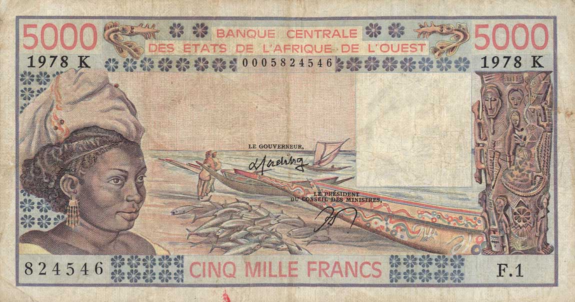 Front of West African States p708Kd: 5000 Francs from 1977