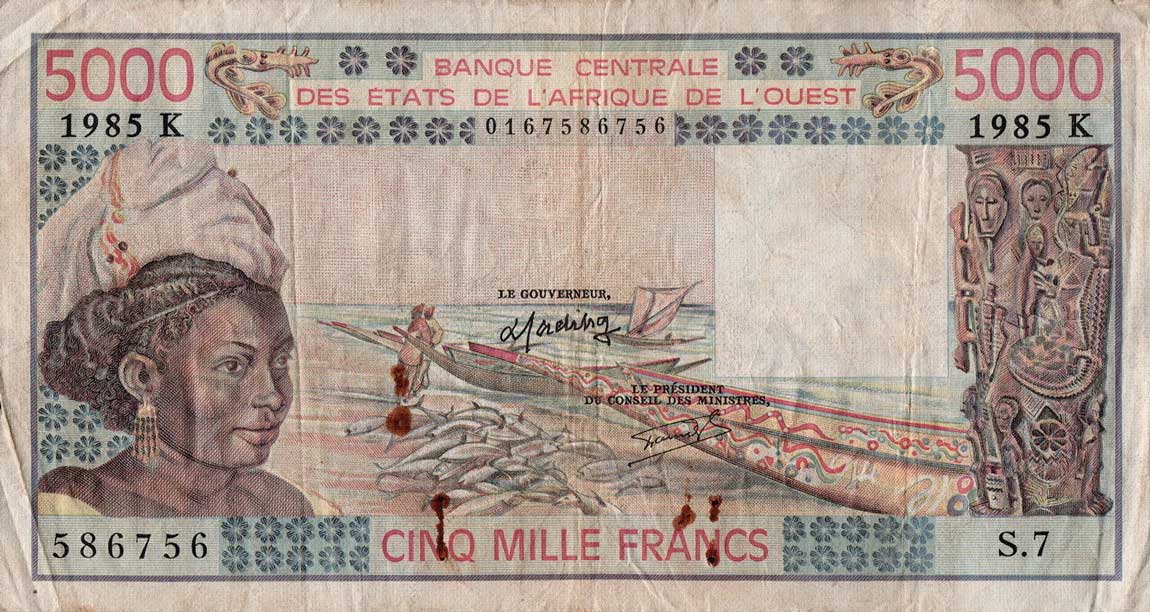 Front of West African States p708Kj: 5000 Francs from 1985