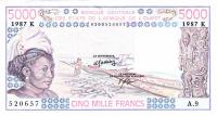 p708Kl from West African States: 5000 Francs from 1987