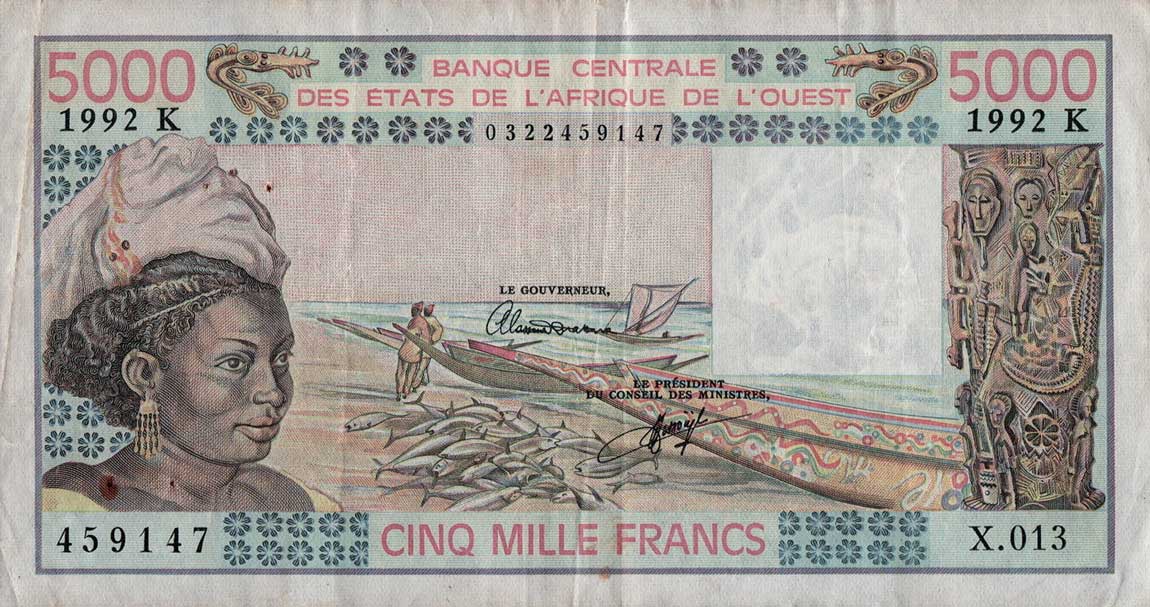 Front of West African States p708Kq: 5000 Francs from 1992