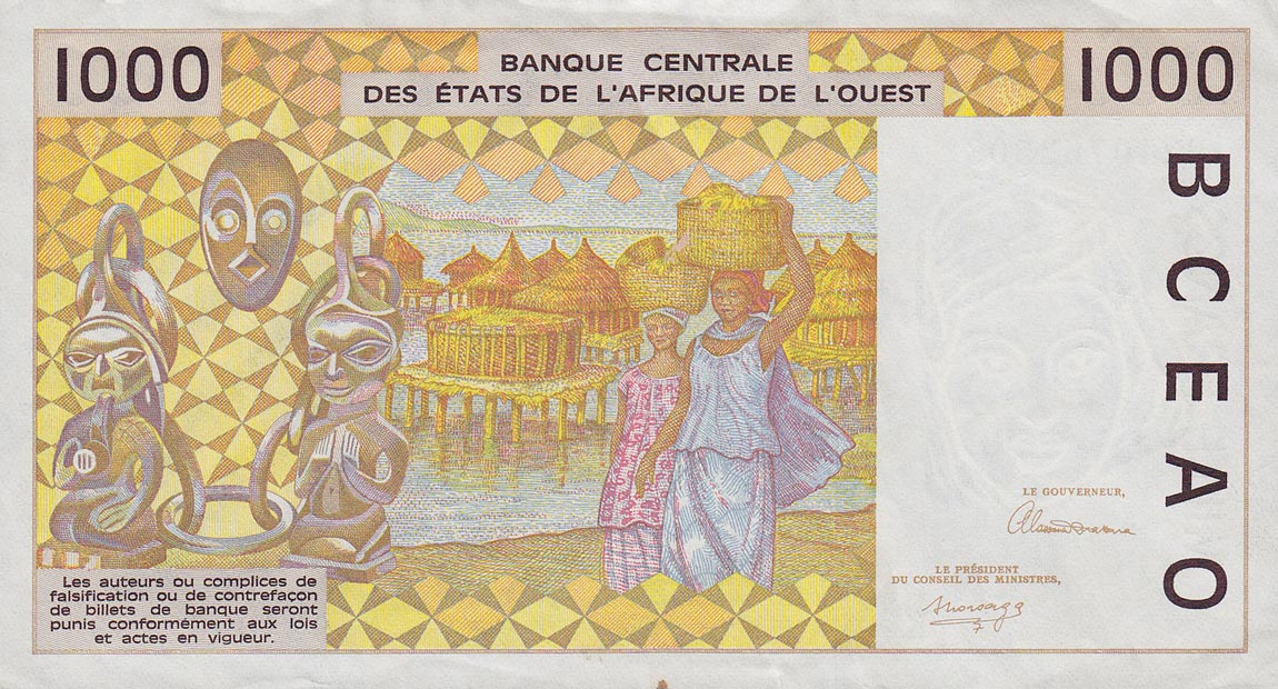 Back of West African States p711Kc: 1000 Francs from 1993