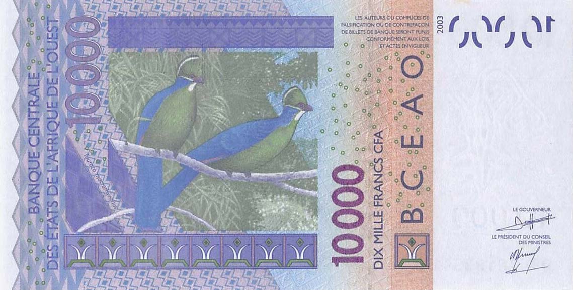 Back of West African States p718Kh: 10000 Francs from 2009