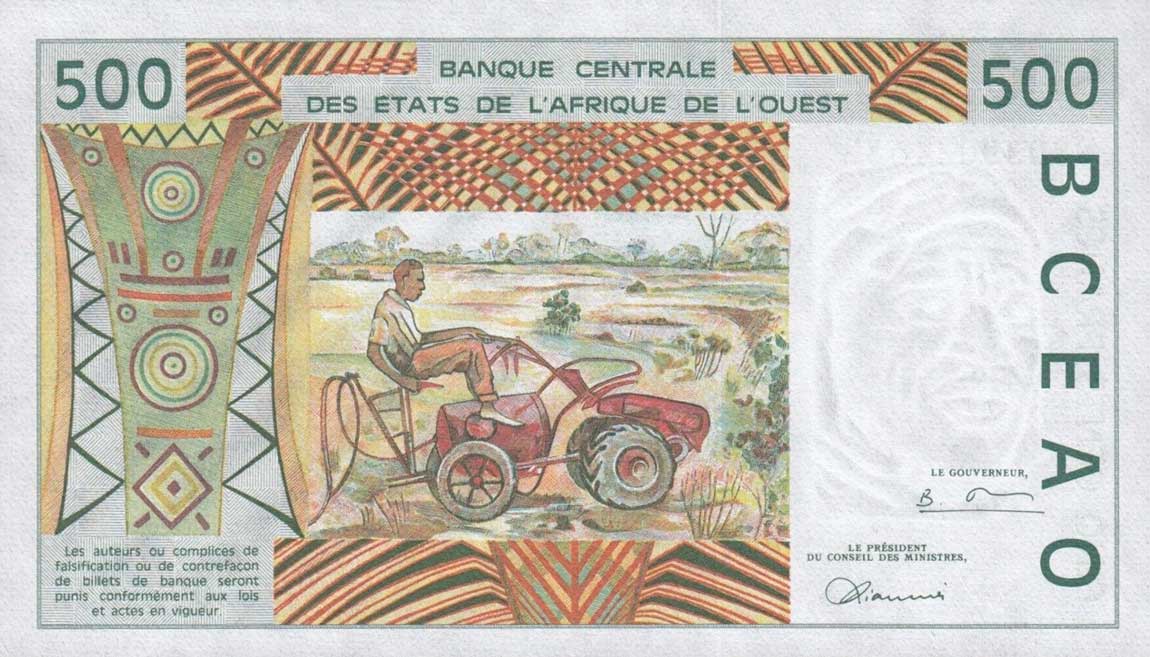Back of West African States p910Sc: 500 Francs from 1998