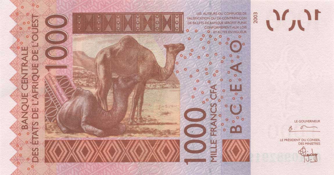 Back of West African States p915Sb: 1000 Francs from 2004