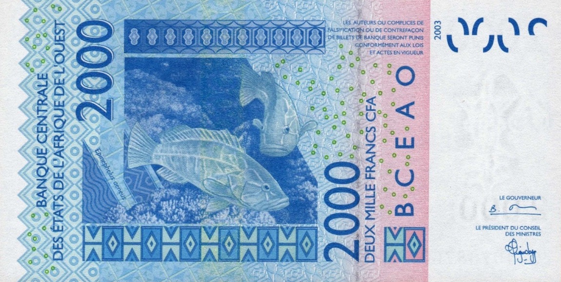 Back of West African States p916Sb: 2000 Francs from 2004