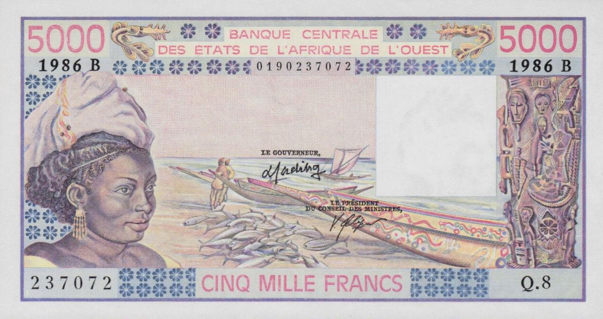 Front of West African States p208Bj: 5000 Francs from 1986