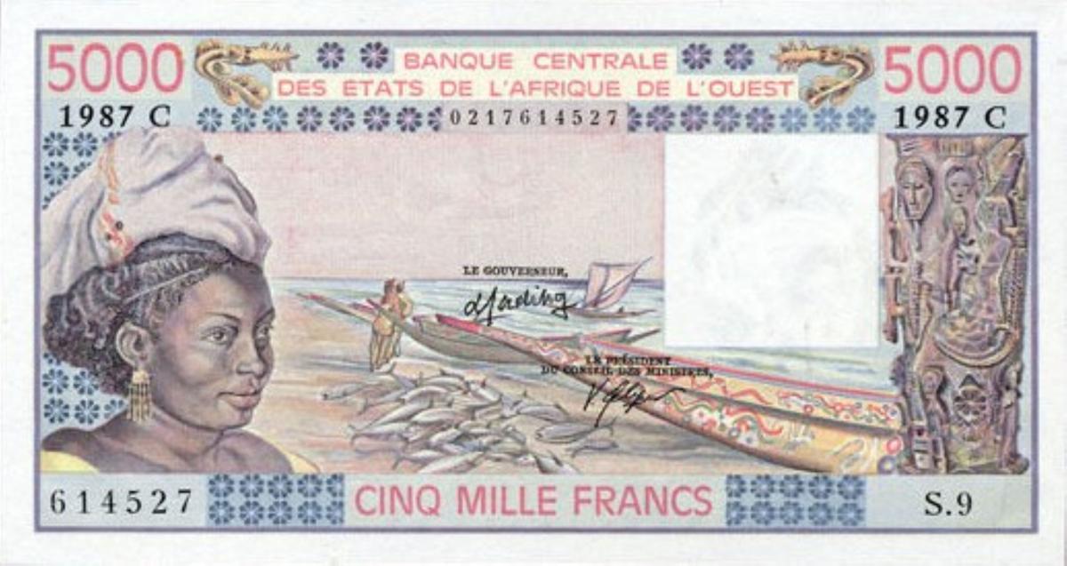 Front of West African States p308Cm: 5000 Francs from 1987