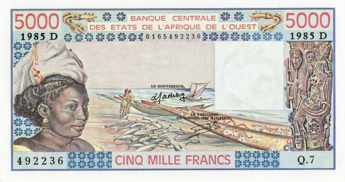 Front of West African States p407Df: 5000 Francs from 1985