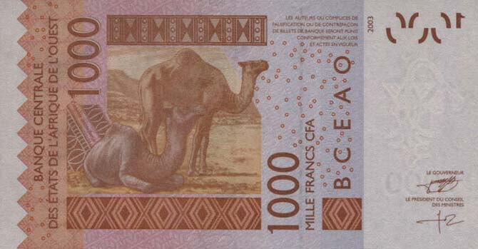 Back of West African States p415Dj: 1000 Francs from 2011