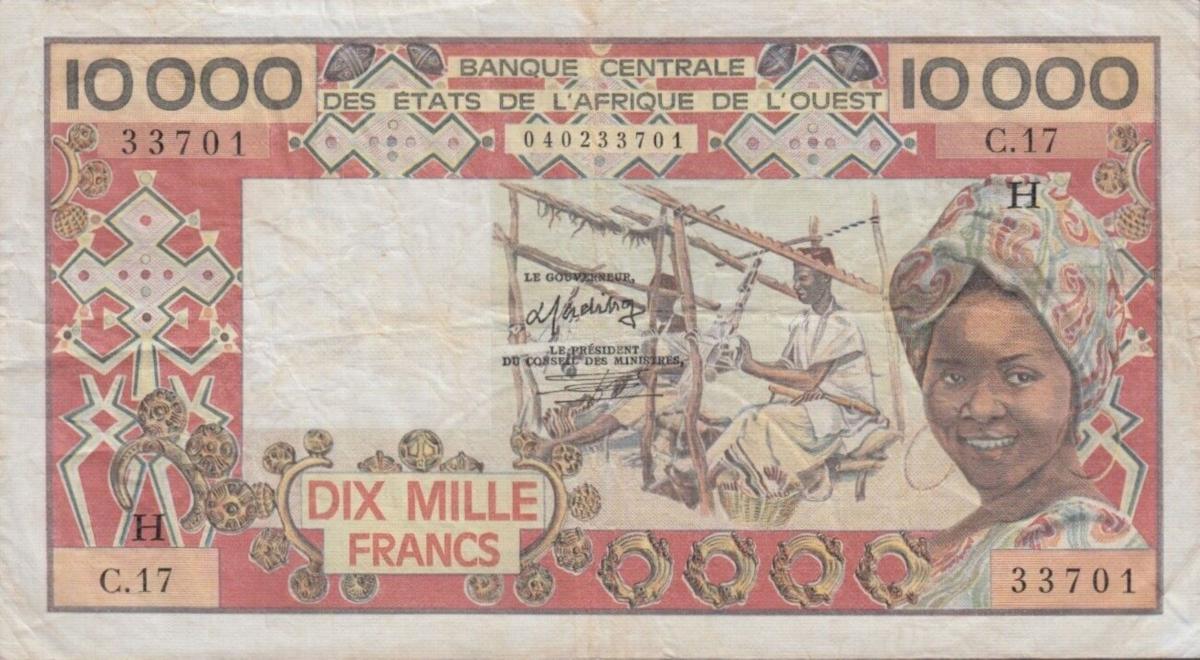 Front of West African States p609He: 10000 Francs from 1977