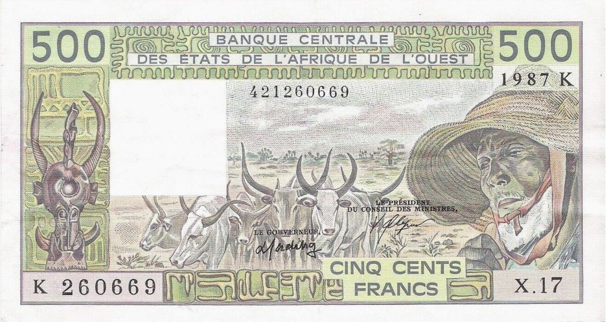 Front of West African States p706Kj: 500 Francs from 1987