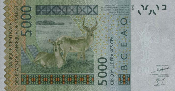 Back of West African States p717Kh: 5000 Francs from 2009