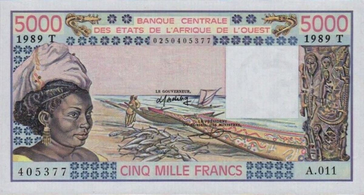 Front of West African States p808Td: 5000 Francs from 1989