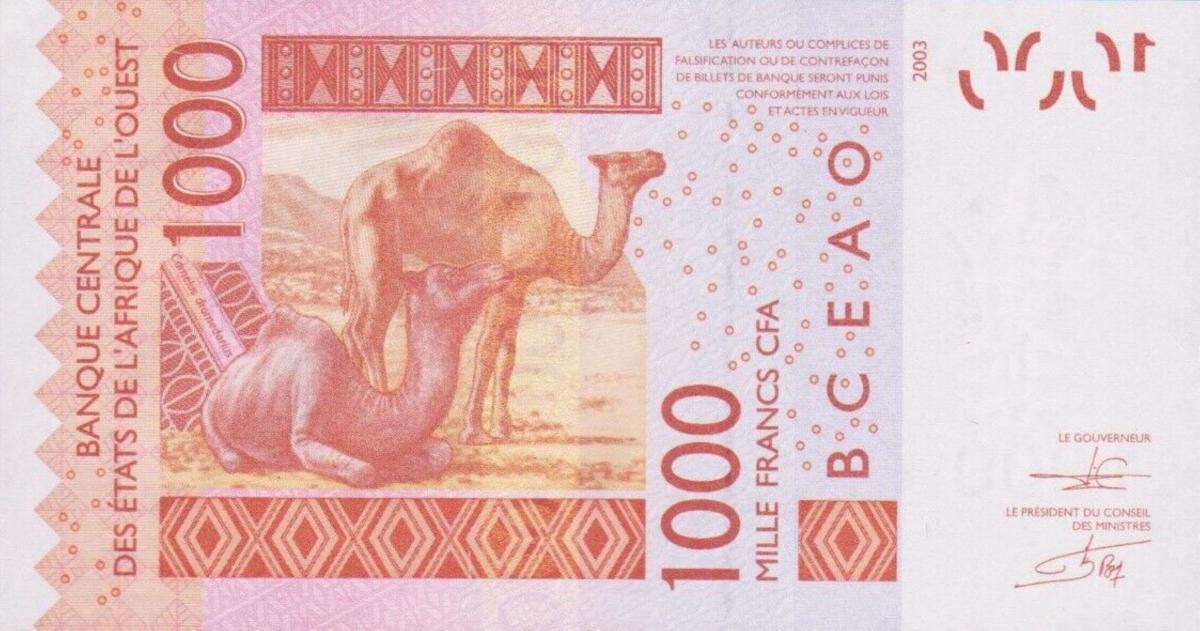 Back of West African States p815Tl: 1000 Francs from 2012