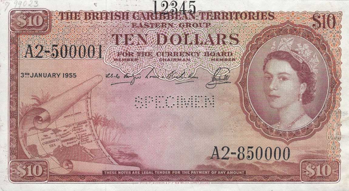 Front of British Caribbean Territories p10s: 10 Dollars from 1953