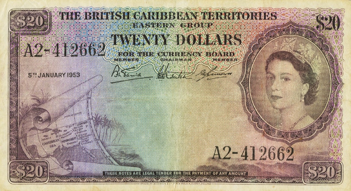 Front of British Caribbean Territories p11a: 20 Dollars from 1953