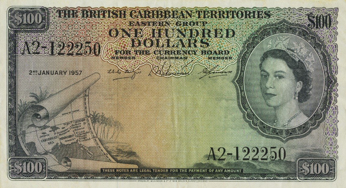 Front of British Caribbean Territories p12b: 100 Dollars from 1954