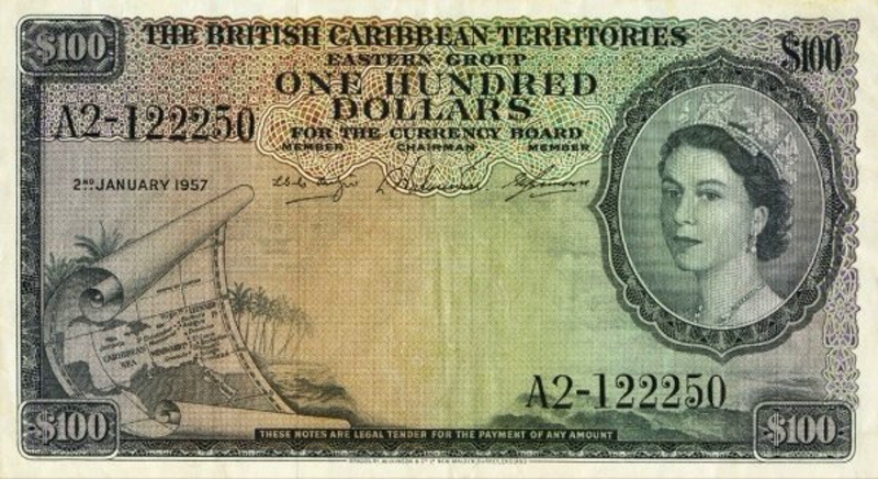 Front of British Caribbean Territories p12c: 100 Dollars from 1957