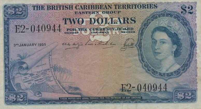 Front of British Caribbean Territories p8b: 2 Dollars from 1954