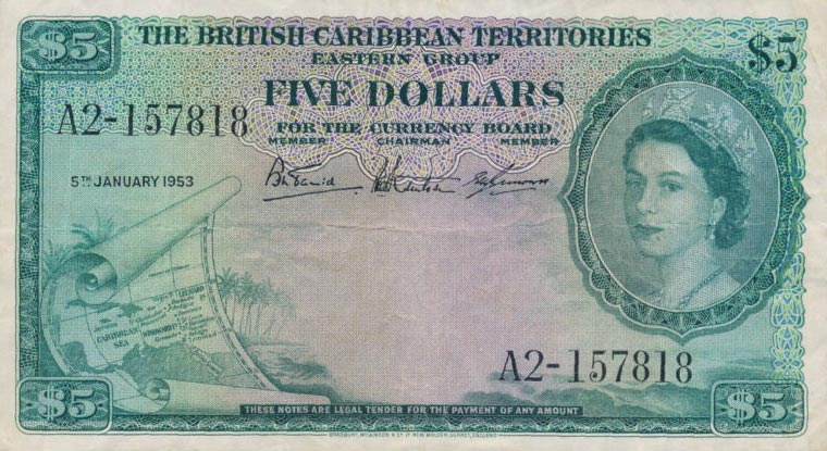 Front of British Caribbean Territories p9a: 5 Dollars from 1953