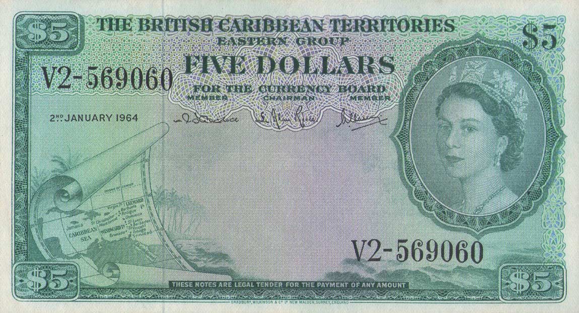 Front of British Caribbean Territories p9c: 5 Dollars from 1961