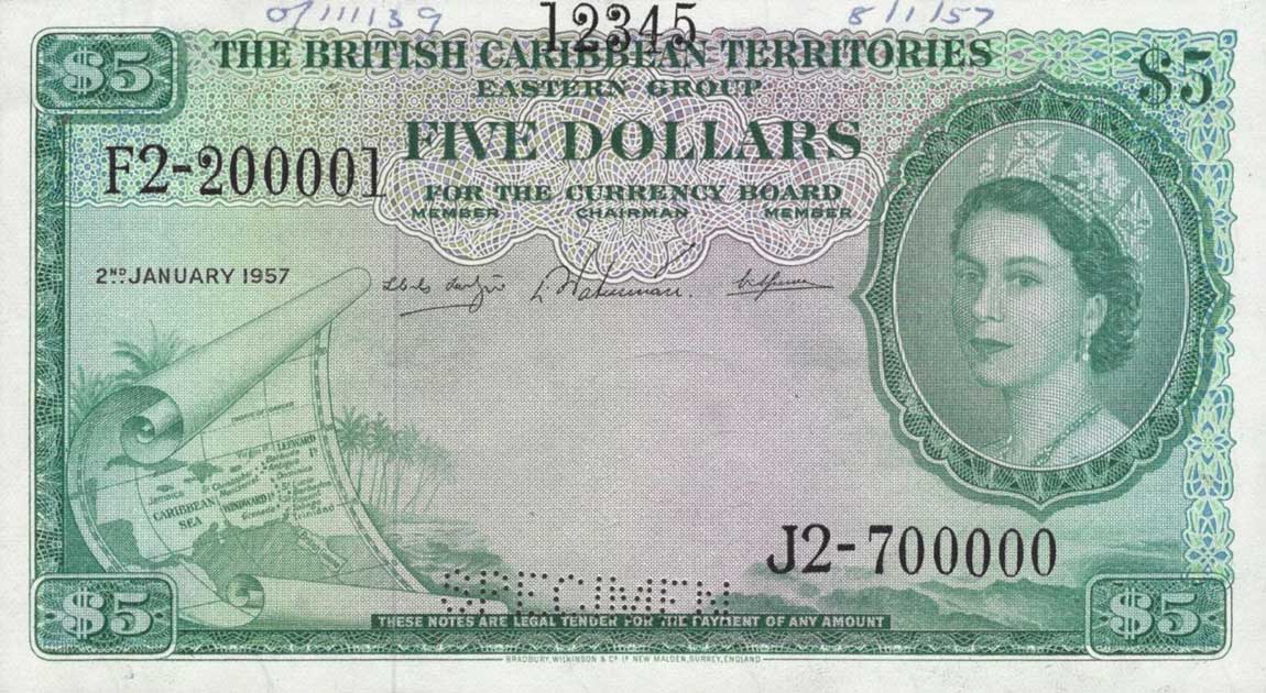 Front of British Caribbean Territories p9s: 5 Dollars from 1955