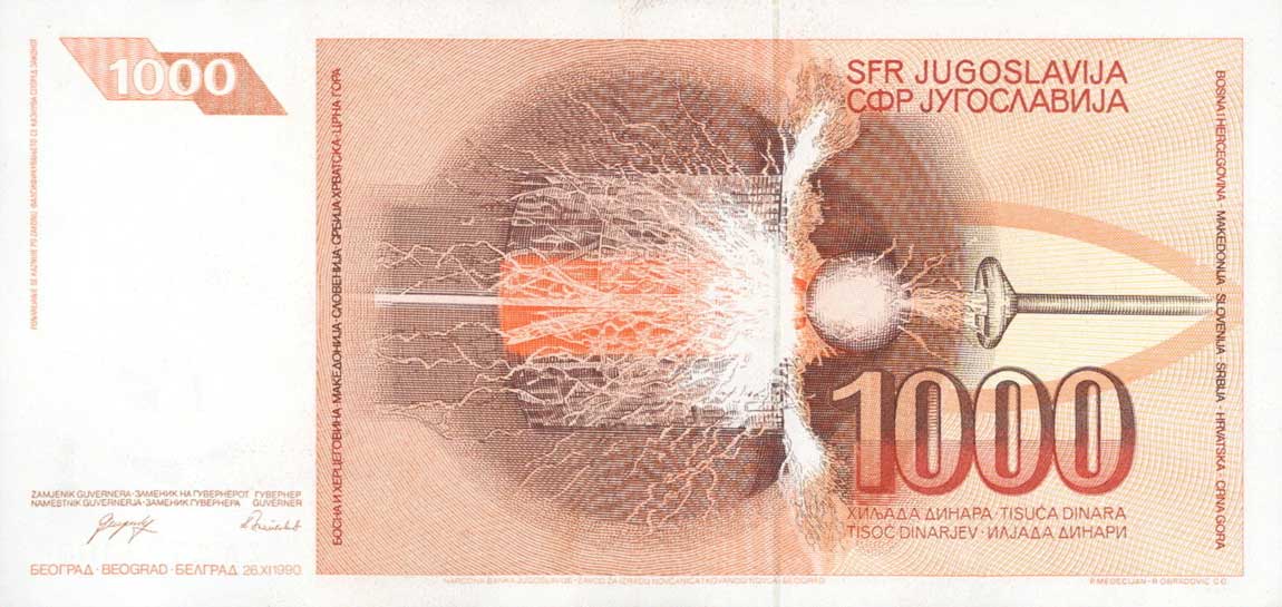 Back of Yugoslavia p107r: 1000 Dinara from 1990