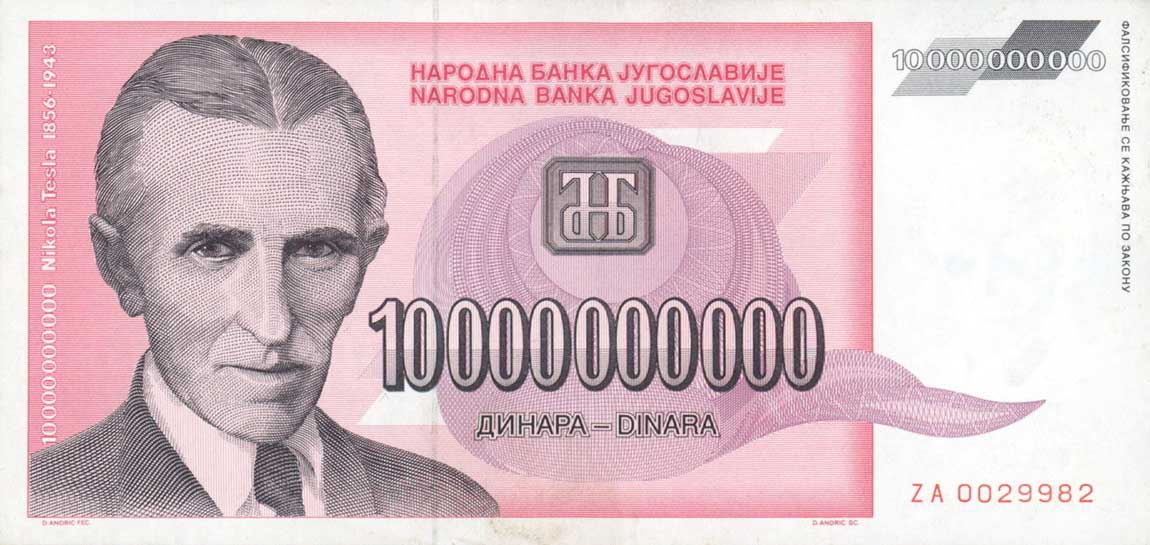 Front of Yugoslavia p127r: 10000000000 Dinara from 1993