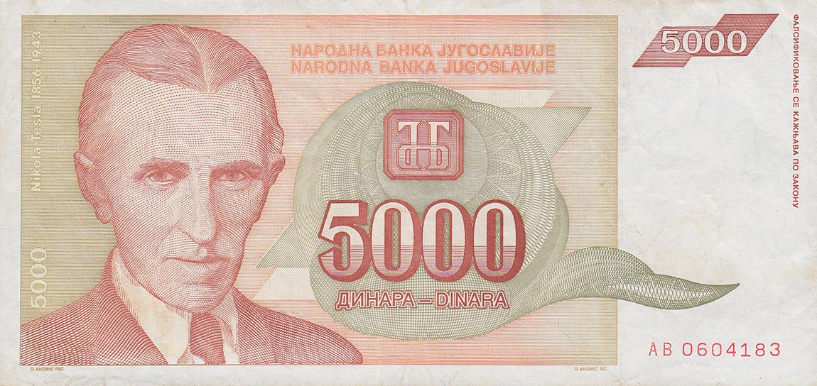 Front of Yugoslavia p128a: 5000 Dinara from 1993