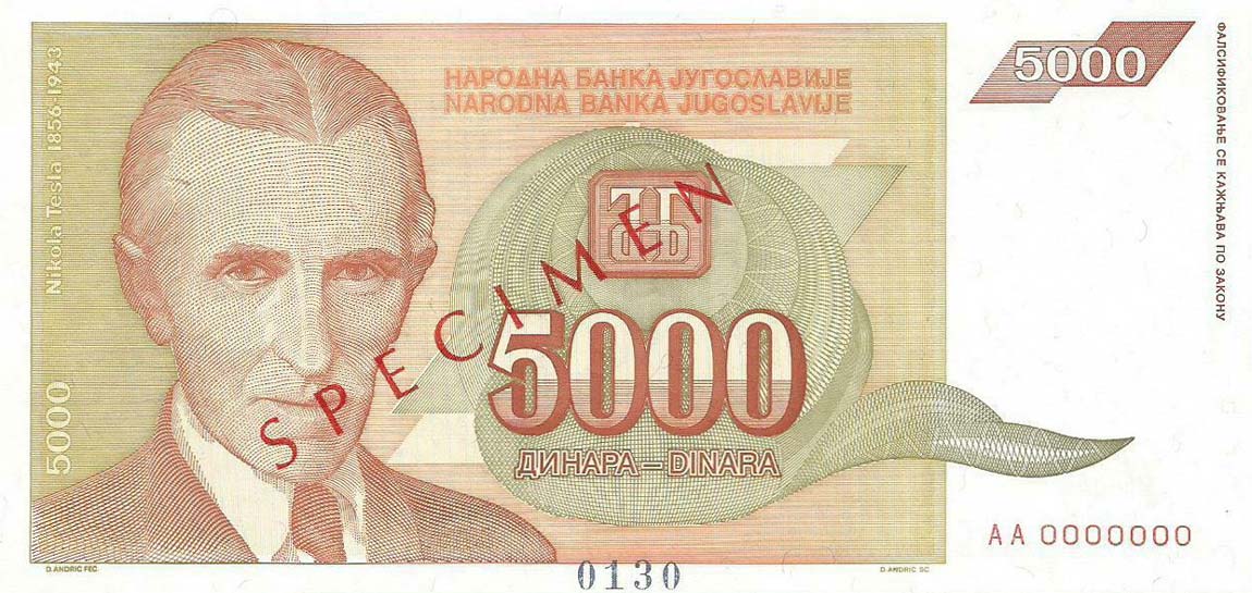 Front of Yugoslavia p128s: 5000 Dinara from 1993