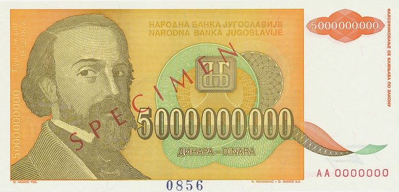 Front of Yugoslavia p135s: 5000000000 Dinara from 1993