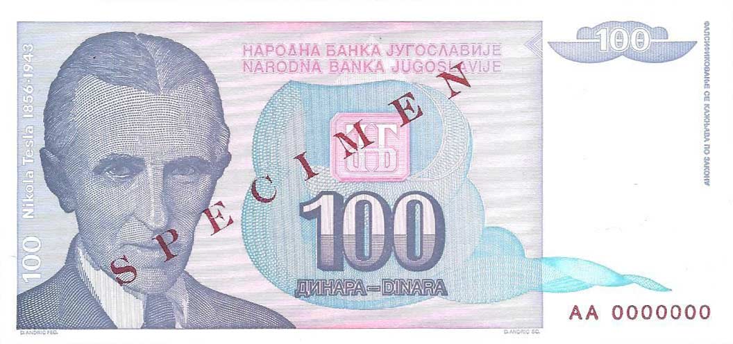 Front of Yugoslavia p139s: 100 Dinara from 1994