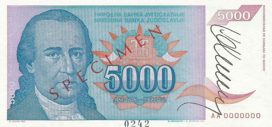 Front of Yugoslavia p141s: 5000 Dinara from 1994