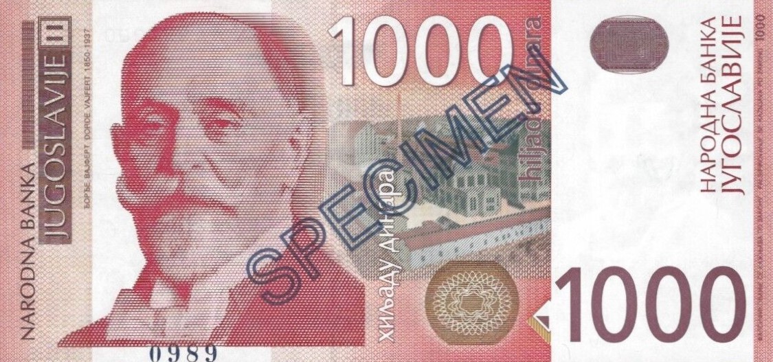 Front of Yugoslavia p158s: 1000 Dinara from 2001