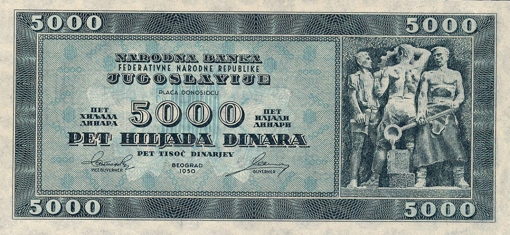 Front of Yugoslavia p67Y: 5000 Dinara from 1950