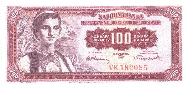 Front of Yugoslavia p69a: 100 Dinara from 1955