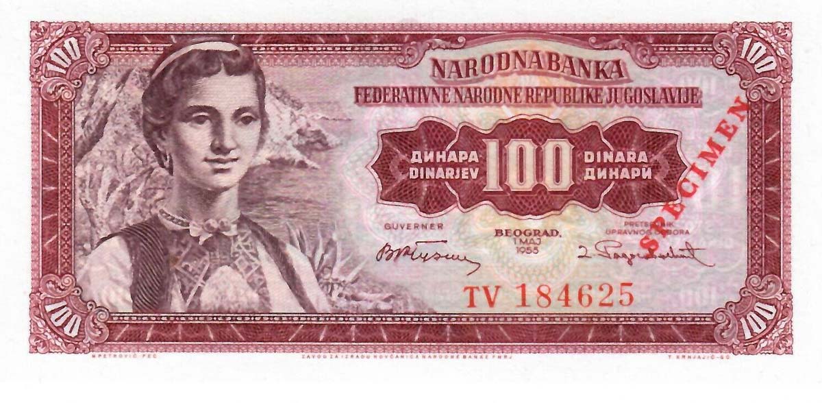 Front of Yugoslavia p69s: 100 Dinara from 1955