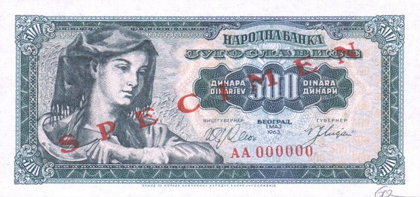 Front of Yugoslavia p74s: 500 Dinara from 1963