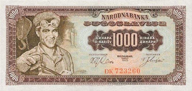 Front of Yugoslavia p75a: 1000 Dinara from 1963