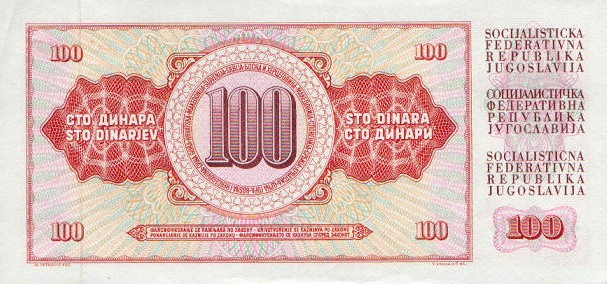 Back of Yugoslavia p80c: 100 Dinara from 1965