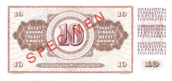 Back of Yugoslavia p82s: 10 Dinara from 1968