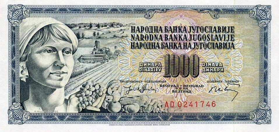 Front of Yugoslavia p86: 1000 Dinara from 1974