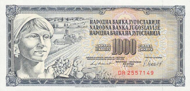 Front of Yugoslavia p92d: 1000 Dinara from 1981