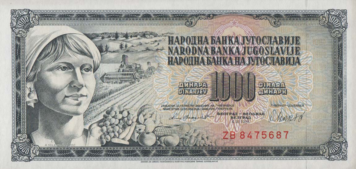 Front of Yugoslavia p92r: 1000 Dinara from 1978
